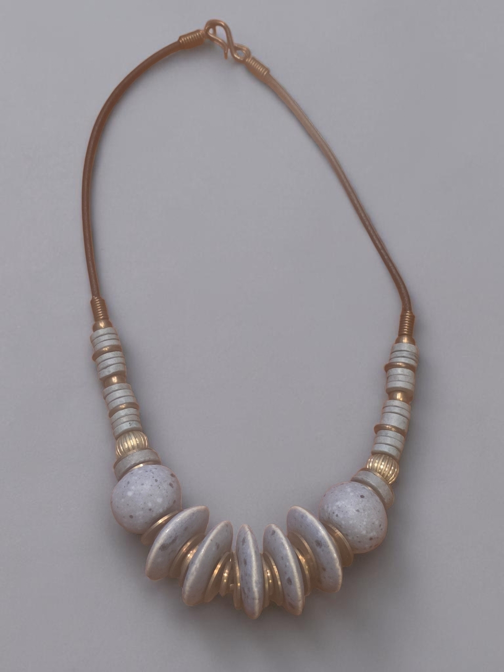 Boho Speckled Ceramic and Gold Bead Cord Necklace